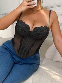 1pc Fashionable Cleavage Enhancing Lace Corset Top, Sexy Fitted Tube Top - Black - View 6