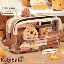 Capibara-Themed Pen Bag. It Has A Large Capacity And Is Transparent With A Handle. In The Maillard Color Scheme, It's A Multifunctional Stationery Box Suitable For Primary And Junior High School Students.,For School Supplies,Back To School