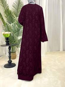 2 Peças Conjunto: Cardigan Kimono de Renda e Vestido de Manga Longa de Cor Sólida, Elegante Estilo Europeu, Árabe e do Oriente Médio Turco Dubai Abaya