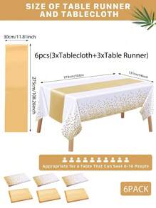6 Packs Tablecloths And Satin Table Runners, White And Gold Dot Tablecloths 54 X 108 Inches, Gold Satin Table Runners 12 X 108 Inches, Disposable Plastic Tablecloths, Suitable For Weddings Birthdays Parties Halloween, Christmas Table Party Decorations,Christmas
