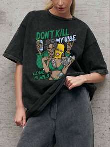 Camiseta de mujer de manga corta con cuello redondo en color negro, con patrones impresos representativos, casual y cómoda para el verano, un imprescindible para el uso diario, camiseta estampada de mujer con gráficos