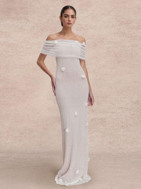 Women's All White 3D Floral Off Shoulder Dress, Elegant Vacation French Style Long Dress, Suitable For All White Party Outfit