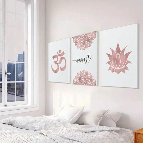 Set Of 3 Framed Rose Golden Wall Art Decor, Om Symbol Decorative Artwork, Lotus Canvas Print Wall Art, Namaste Posters, Mandala Wall Decor, Minimalist Design Home Decor, Poster, Room Aesthetic, Ideal Gift, With Frame