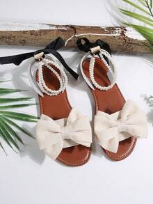 全新加大码女式舒适简约圆头珍珠蝴蝶装饰平底拖鞋凉鞋，夏季休闲时尚一脚蹬沙滩鞋