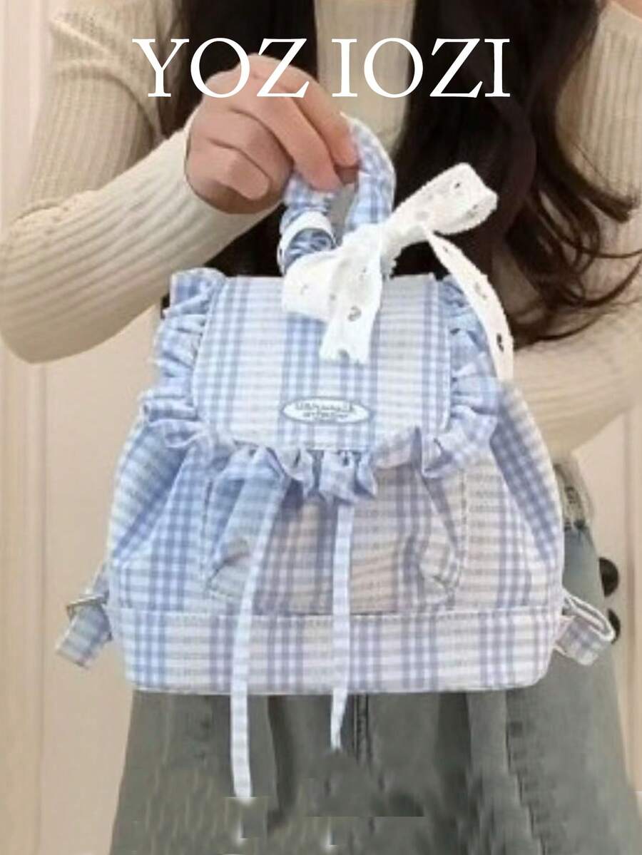 Blue Lace Plaid School Backpack For Female College Student, Sweet Ruffle Trim Bookbag For High School Girl, Suitable For Young Ladies Going Out And Commuting - Multicolor - View 1