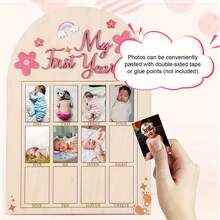 Wooden Baby's 1st Year Milestone Photo Board, Romantic Artificial Wood Memory Photo Frame - 12 Month Display Rack - No Electricity Required - Ideal As Baby's 1st Birthday Gift