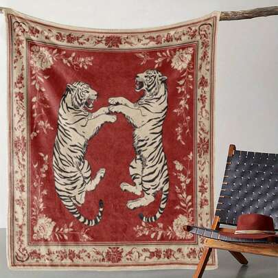 Vintage Style Tiger Print Flannel Throw Blanket - Soft, Warm, And Comfortable For Sofa, Bed, Car, Office, Camping, Travel - All-Season Knitted Polyester Blanket With Digital Print - Ideal Gift For All Occasions