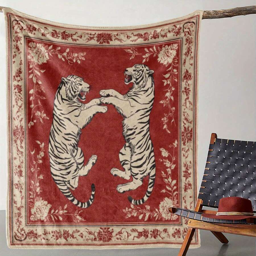 Vintage Style Tiger Print Flannel Throw Blanket - Soft, Warm, And Comfortable For Sofa, Bed, Car, Office, Camping, Travel - All-Season Knitted Polyester Blanket With Digital Print - Ideal Gift For All Occasions - Multicolor - View 1