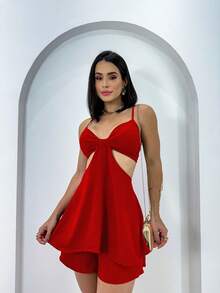Women's Short Dress Jumpsuit With Straps And Bow Knot - Đỏ - Xem 1