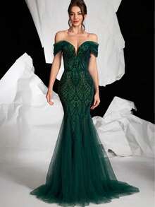 Elegant Backless Sequin Mermaid Hem Spaghetti Strap Maxi Dress, Formal Evening Gown - Màu xanh lá cây đậm - Xem 1