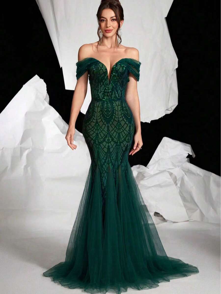 Elegant Backless Sequin Mermaid Hem Spaghetti Strap Maxi Dress, Formal Evening Gown - Màu xanh lá cây đậm - Xem 1