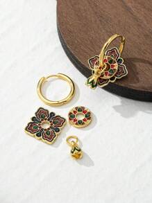 1 par de pendientes de aro de estilo chino vintage con diseño de contraste mate de círculos esmaltados y de colores