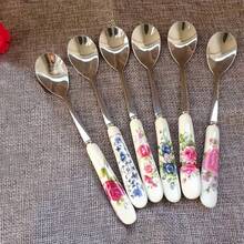 6/12pcs Floral Ceramic Handle Coffee Spoon Made Of Stainless Steel, Perfect For Mixing, Sugar, Honey, Ice Cream, And Soup, Practical For Office Afternoon Tea, Elegant Kitchen And Dining Accessories With Rose Pattern Design Back To School - Multicolor - View 6