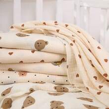 1pc Baby Bear Pattern Muslin Swaddle Blanket, Soft & Breathable Newborn Infant Wrap Blanket, Baby Shower Bath Towel - Mocha Brown - View 2