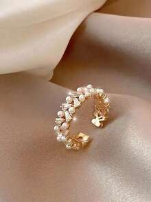 1pc 2025邀请限量版经典网红爆款，明星同款，高端微妙风铜微镶珍珠，高品质全球经典超火开口戒指，适合女性节日/商务/学院/派对/宴会/日常佩戴 - 金黃色 - 查看 15