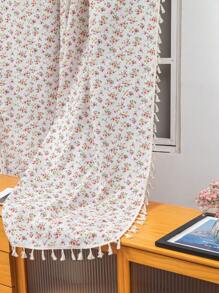 1pc Pink Floral Curtain With Tassels, Suitable For Dining Room, Cafe, Bedroom, Living Room, Kitchen, Year-Round Home Use
