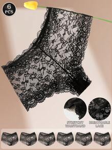 6 piezas de pantis de encaje negro sexy y de moda para mujer, ropa interior triangular romántica, elegante, suave, cómoda, transpirable y elástica, adecuada para uso diario y todas las estaciones