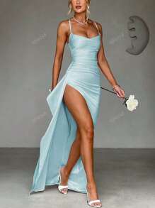 Elegant Sexy Satin Strapless Off Shoulder Ruffle Trim Waist Party Dress, Bridesmaid Dress, Formal Gown