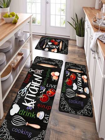1/2件套黑色厨房地垫套装，含番茄、剪刀、打蛋器印花背景，防滑地垫，入口门垫，厨房客厅、洗衣房、浴室地垫，房间装饰地垫