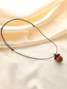 1pc Wax Rope & Wooden Acorn Pendant Necklace, Colorful Apple Pendant Necklace, Multicolor Wooden Rainbow Pine Cone Necklace, Unisex Jewelry