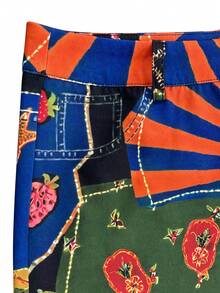 时尚创意复古花卉香蕉和草莓印花阔腿休闲裤，适合度假、休闲、商务、派对和旅行