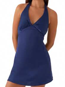 Women's Halter Neck Tank Dress Sleeveless Deep V Neck Solid Color/Floral Beach Dress