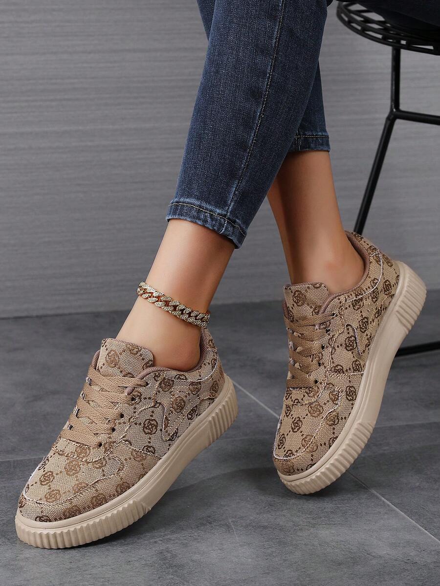 时尚休闲女式运动鞋，系带轻便厚底休闲平底女鞋，百搭低帮运动运动鞋 - 卡其色 - 查看 1