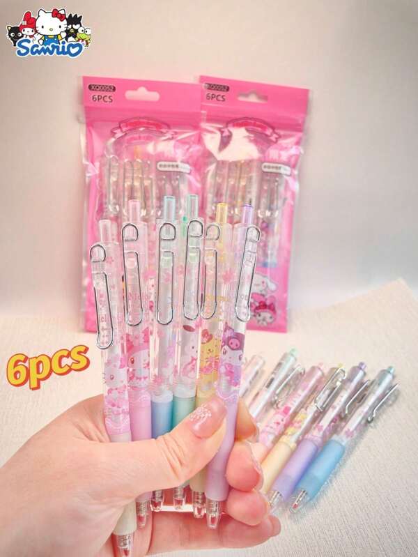 Sanrio Canetas de gel Sanrio Kuromi 6 peças/pacote, 0,5 mm, tinta preta, caneta de assinatura, material escolar, escritório, papelaria, presente, clipe de caneta de metal, material escolar, volta às aulas
