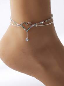 1pc Elegant Fashionable Sparkly Micro-Inlaid Water Rhinestone Multi-Layer Hollow Heart Water Drop Pendant Anklet For Women, Suitable For Festivals, Parties And Daily Outings