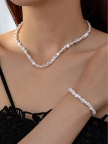 1set Asymmetrical Faux Pearl Necklace & Bracelet Set - Multicolor - View 3
