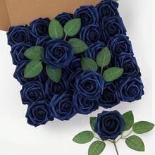 25Pcs Artificial Roses Flowers Fake Roses With Stems Real Touch Foam Flowers For DIY Wedding Bouquet Baby Shower Centerpiece Floral Arrangement Party Home Decor(Dark Red) - 藏蓝色 - 查看 6