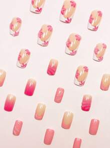 Instantly Enhances Your Charm 24pcs Press On Nails Medium Modern Fashion Fake Nails, White French Border And Pink French Blend, Ins Style 3D Transparent Wavy Line Pattern And 3D Transparent Pink And White Flowers, Sweet And Elegant Nail Art, Beautiful Temperament Fully Covered Fake Nail Set, Suitable For Girls And Women's Daily Wear, Beach Parties And Dances, Press On Fake Nail Supplies