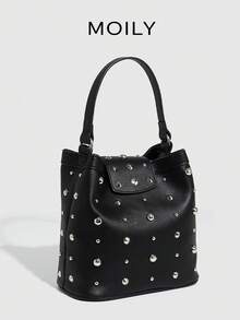 Sac seau style de rue européen et américain à une épaule, sac à rivets, élégant sac à main pour femmes - Noir - Voir 3