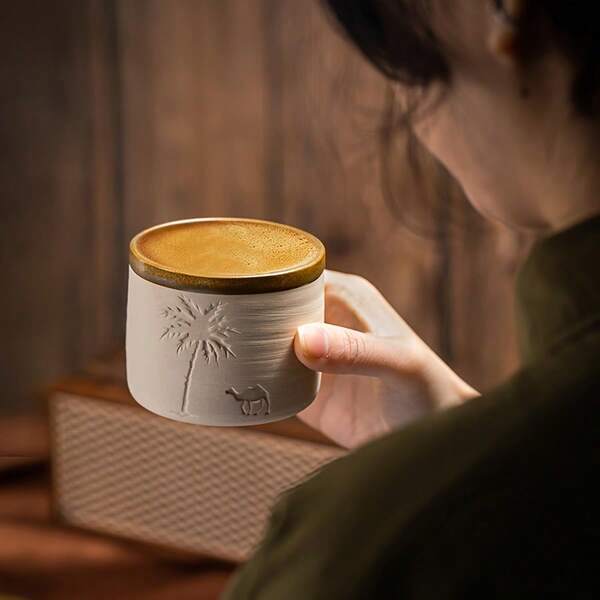 1 Stone Coffee Cup Of 120ml/250ml/310ml, Creative Hand-Carved Ceramic Tea Cup, Desert Tree And Camel, Japanese Tea Cup Latte, Tea, Cappuccino, Cocoa, Suitable For Family Gatherings And Special Occasions, Desert-Themed Gift