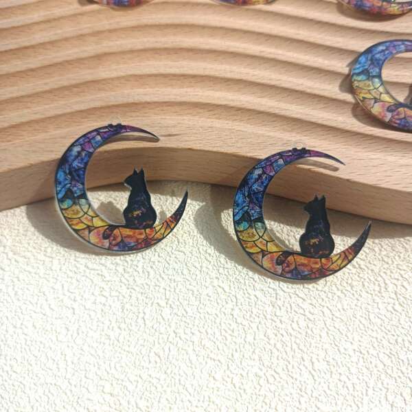 6pcs Moon & Cat Acrylic Decor, Party Decoration, Festival Ornament, Bag Accessory, Keychain Decoration