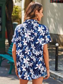 Vacation Style Floral Print Button-Up Short Sleeve Shirt - Multicolor - View 3