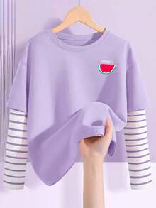 3 件套女孩可爱长袖 T 恤，年轻女孩淑女 T 恤，条纹撞色 2 合 1 上衣 - 彩色 - 查看 3