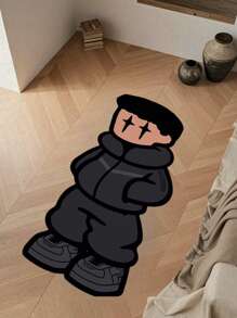 1pc Personalized Black Cartoon Character Area Rug - Crystal Velvet Easy To Clean Bedroom Decor Floor Mat, Black And White Design, Cozy For Bedroom Or Living Room, Easy Care Home Mat, Living Room Carpet, Bedroom Decor, Room Decoration, Small Rug, Blanket, Outdoor Mat