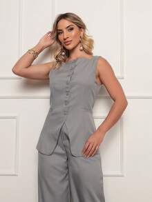 Laris Women's Tailored Work Set: Button-Down Blouse And Dress Pants - Màu Xám nhạt - Xem 4