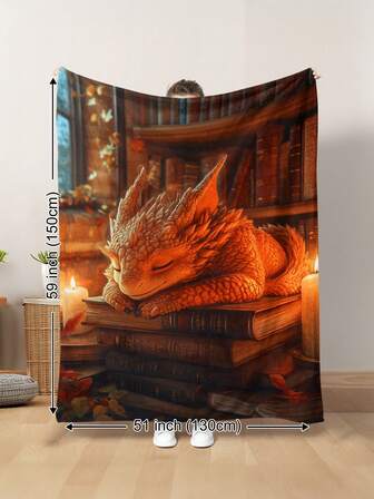 1pc Soft & Warm Plush Blanket With Cute Dragon Laying On Magic Book, Fantasy Magical World, Monster & Flower Print, 4 Seasons Use For Living Room, Sofa, Lounge Chair, Bedroom, Travel, Camping, Gift