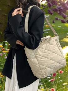 1 pezzo Borsa a spalla trapuntata in cotone tinta unita di grande capacità per le donne, borsa casual da sport all'aperto, adatta per viaggi, scuola, ufficio, portatile e spaziosa