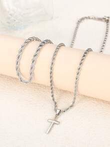 2pcs Men's Jewelry Set, Minimalist Twisted Chain Cross Necklace And Bracelet, Suitable For Daily Wear, Party, Hip-Hop, Rap - Silver - View 3
