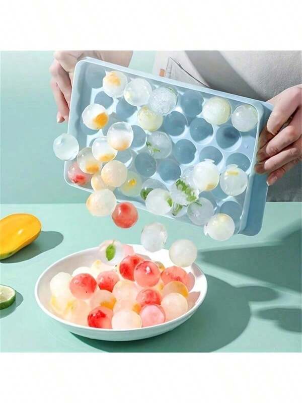33 Grid Round Shape Ice Cube Tray - Polish Glossy Dustproof Ice Cube Maker For Home Kitchen (Ball 33 Grid-Blue)