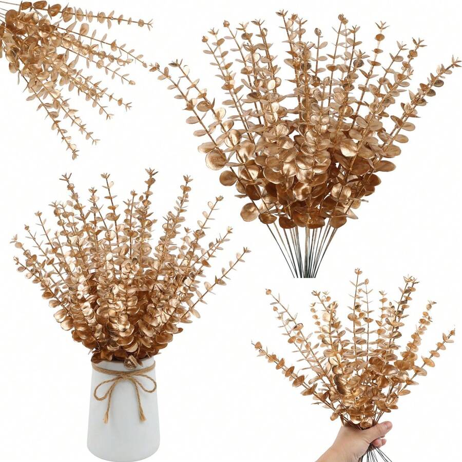 30Pcs Gold Artificial Eucalyptus Leaves, Eucalyptus Leaves Simulation Plants, Eucalyptus Stems Artificial Eucalyptus Leaves Stems Artificial Fake Flowers Home Office Bouquet Centerpiece Wedding Decoration Artificial Rose Bouquet Accessories Gift