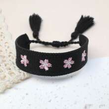 1 Stück handgefertigtes besticktes Blumen Kirschblüten geflochtenes verstellbares Boho Quasten Armband, geeignet für Freunde, Familie, Studenten, Urlaubsgeschenke, Partys, Reisen, Hochzeitsbekleidung