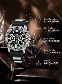3 PiecesMen's Black Strap Fashion Business Mixed Scale Three Eye Dial Quartz Watch Bracelet Jewelry Set Suitable For Daily Wear Decoration Or Holiday Gifts