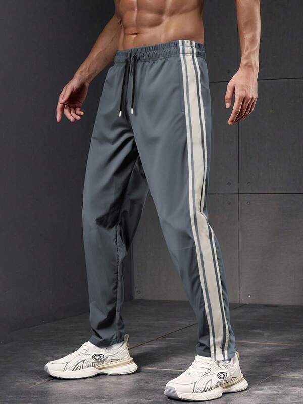 1pc Men's Casual Sports Outfit Set, Lightweight Loose Fit Sports Pants For Running, Hiking, Fitness, Daily Wear, Beach, Commuting, Fashionable Striped Straight Leg Trousers, Suitable For Spring/Summer