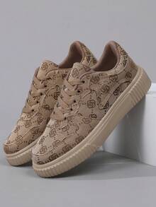 时尚休闲女式运动鞋，系带轻便厚底休闲平底女鞋，百搭低帮运动运动鞋 - 卡其色 - 查看 5