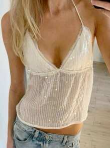 Women Tank Tops Sequins V-Neck Tie-Up Halter Neck Casual Vests Summer Sleeveless Tops Streetwear