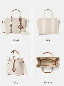 Kate Spade Plenty Tote Bag Canvas Leather Crossbody Bag,Small Satchel Shoulder Purse,Top Handle Handbag With Cute Heart Decor,Zip Closure,KH489960 - Beige - View 6